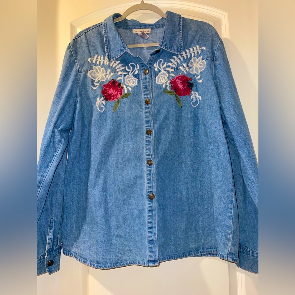 Vintage Notations Denim Floral Design Button down shirt Women’s Size XL‎